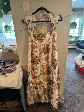 Anthropologie Floral Tiered Maxi Dress in Cream Orange and Green Floral Motif